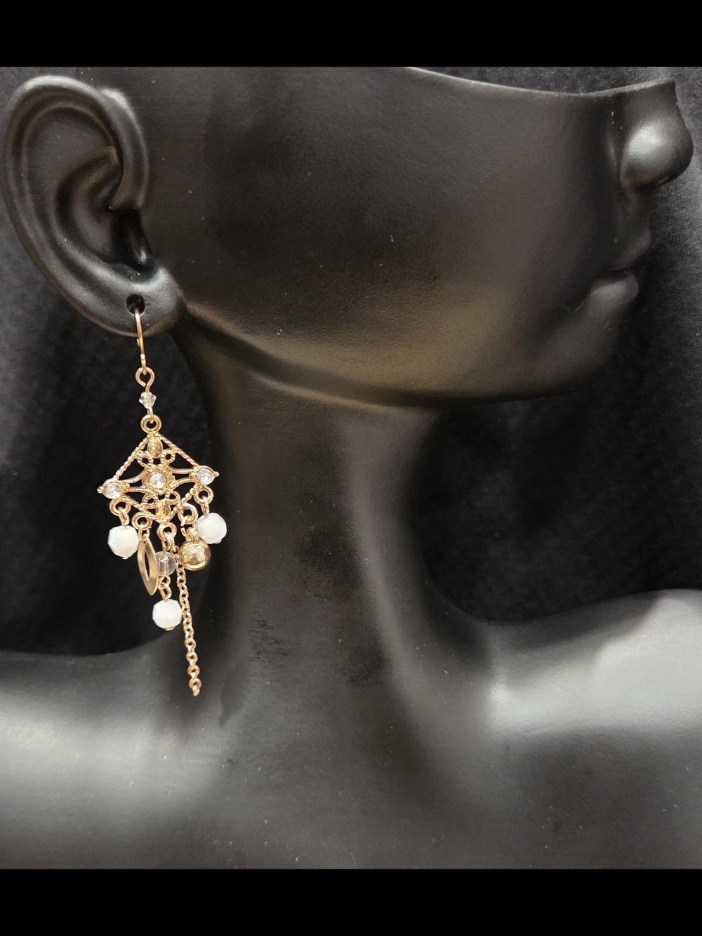 Gold Filigree Dangle Earrings with White Bead Accents